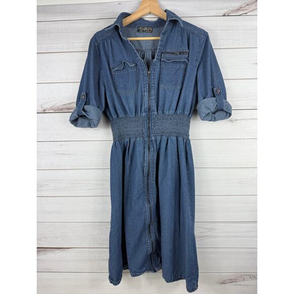 J Gee Women's Dress 3/4 Sleeve Smocked Elastic Waist Blue Size M - Picture 1 of 8